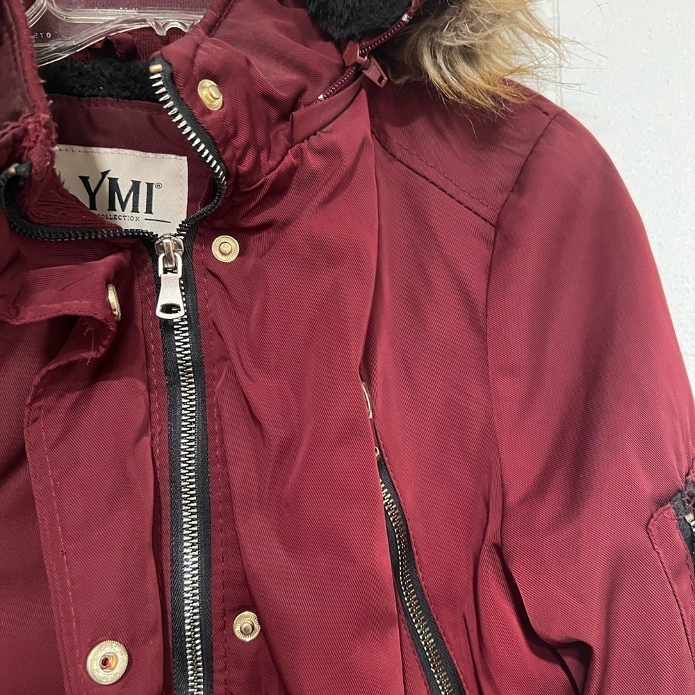 YMI burgundy red classic winter jacket w/ golden accents and fur detailed hoodie - Picture 6 of 12
